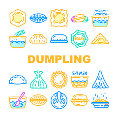 Dumpling Delicious Meal Recipe Icons Set Vector. Dumpling Food With Meat And Vegetable Ingredient, Cooking And Bowling, Kreplach And Modak, Tortellini And Khinkali Dish Color Illustrations