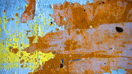 Distressed Yellow Brown Old Brick Wall With Graffiti Street Art. Background And Painted Lines And Draw. Abstract Grunge Modern Grafitty Wallpaper. Abstract Plastered Wall Web Banner. Design Element.
