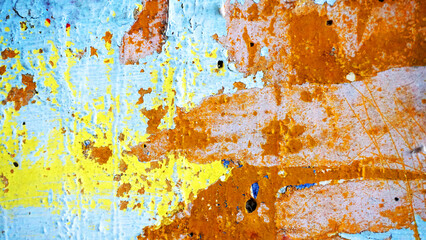 Distressed Yellow Brown Old Brick Wall With Graffiti Street Art. Background And Painted Lines And Draw. Abstract Grunge Modern Grafitty Wallpaper. Abstract Plastered Wall Web Banner. Design Element.
