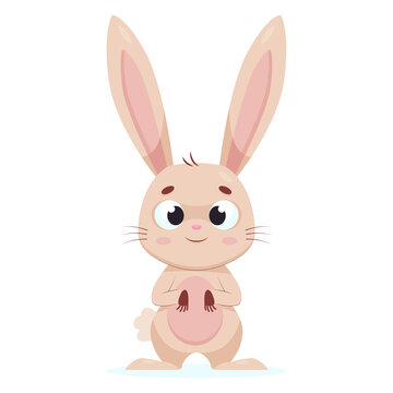 Pretty rabbit on white background cartoon vector illustration. Lovely fluffy rodent or easter bunny with long ears and cute face standing and smiling. Wildlife animal concept