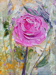  Still life.Rose flower.
Painting with oil paints, strokes made with a palette knife, in bright colors - 495874327