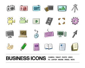カメラ,動画,パソコン,ビジネス等のイラスト。ラフなタッチで描かれた手書きのイラスト。カラフルなアイコンのセット。