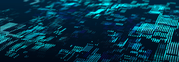 Abstract matrix. Computer code. Dark background of many dots. Big data and cybersecurity. 3d rendering