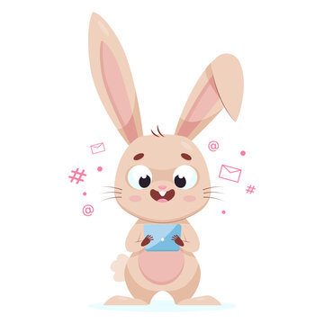 Rabbit looking at phone screen cartoon vector illustration. Happy rodent chatting with friends, using internet and social media. Wildlife animal, friendship, technology concept