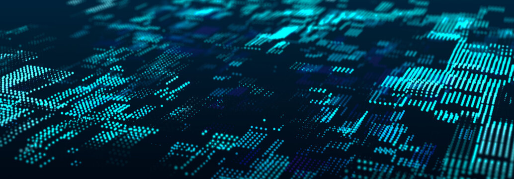 Abstract matrix. Computer code. Dark background of many dots. Big data and cybersecurity. 3d rendering