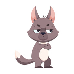 Offended wolf with his arms crossed over his chest. Sad gray mammal standing on white background cartoon vector illustration. Wildlife animal, predator, behavior concept