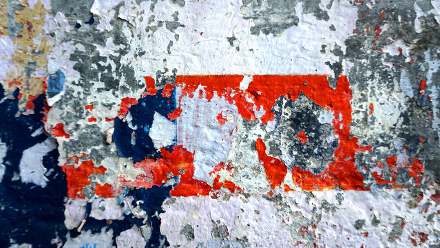 Distressed Yellow Brown Old Brick Wall With Graffiti Street Art. Background And Painted Lines And Draw. Abstract Grunge Modern Grafitty Wallpaper. Abstract Plastered Wall Web Banner. Design Element.
