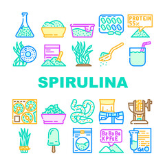 Spirulina Nutrition Ingredient Icons Set Vector. Spirulina Natural Ice Cream Food And Vitamin Healthcare Drink, Seaweed And Algae Plant For Prepare Tablets Drug And Powder Color Illustrations
