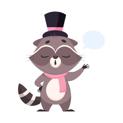 Racoon in cylinder hat cartoon vector illustration. Racoon gentleman with closed eyes and speech bubble above him wearing scarf and talking. Wildlife animal concept