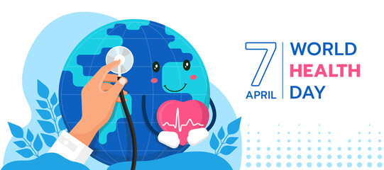 world health day - hand's doctor hold stethoscope to check globe world charecter are holding heart sign on soft blue background vector design
