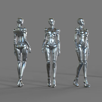 3D render illustration of reflective metallic cyborg female robot standing straight in different poses