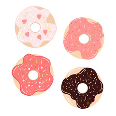 Donuts set, hand drawn, vector illustration. Set of chocolate and vanilla sweets doughnuts.