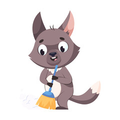 Wolf sweeping trash with broom cartoon vector illustration. Pretty gray mammal standing and cleaning floor, tidying up house. Wildlife animal, predator, housework concept
