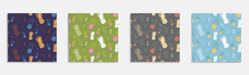 set of seamless patterns multicolored pineapple
