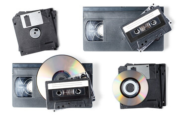 Video and audio cassettes and CD. Storage of information in the 90th. Isolated on white.