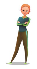 Little girl in tracksuit. Girl got ready for sports activities. Cheerful person. Standing pose. Cartoon comic style flat design. Single character. Illustration isolated on white background. Vector