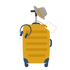A fashionable travel suitcase with a man's hat and headphones. It's time to go on vacation. Vector illustration isolated on a white background