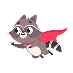 Fototapeta na wymiar Racoon in superhero cape flying cartoon vector illustration. Happy and excited superhero character in costume rushing to rescue. Wildlife animal, protection, power concept