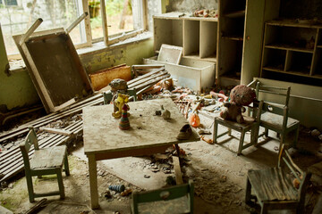 Broken, destroyd, abandoned kindergarten in Chernobyl Exclusion Zone