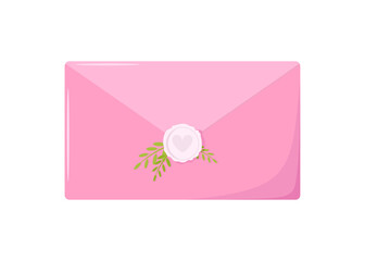 Pink mail envelope with a stamp and leaves. Vector illustration of the wax seal. Design element. Wedding icons. Valentine s day