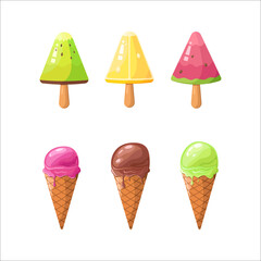 Tasty colorful ice cream set. Collection ice-cream cones and Popsicle with different topping isolated on white background. Vector illustration for web design