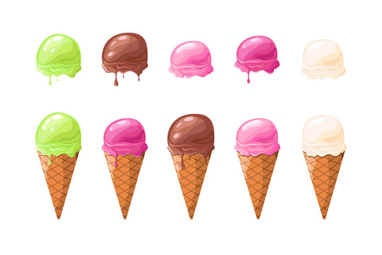 Make Ice cream by your design. Ice cream in a waffle cone. Different tastes. Different tastes of ice cream. Raspberry, kiwi, chocolate, plombir, strawberry. Summer desserts Vector illustration