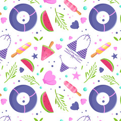 Naklejka premium Seamless summer pattern. Fruit ice cream, swimsuit, watermelon, leaves, seafish shell float Vector pattern
