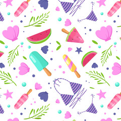 Fototapeta na wymiar Seamless summer pattern. Fruit ice cream, swimsuit, watermelon, leaves, seafish shell float Vector pattern