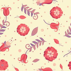 Raster illustration, seamless pattern. Watercolor retro background with red flowers for design. Backdrop for postcard, wrapping, wrapping and scrapbooking. Floral ornament.