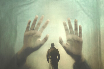 surreal illustration of two hands blocking a man walking in a wood