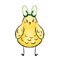 Nice digital art of holiday symbol cute Easter chick with nice light green bow isolated on the white background