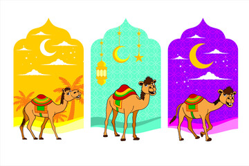 Camels. Camel caravan. Ramadan Mubarak. Happy Islamic holidays. Islamic holiday background vector illustration 