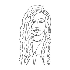 One line drawing of a beautiful girl with long Curly Hair, hand drawn vector Illustration, Minimalistic Curly hair women portrait continuous line art