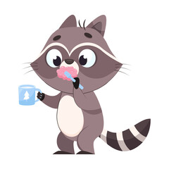 Cute racoon brushing teeth cartoon vector illustration. Funny mammal taking care of teeth health, doing morning or evening routine. Wildlife animal, healthcare, hygiene concept