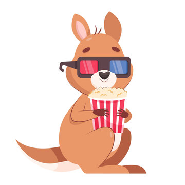 Kangaroo in 3D movie glasses cartoon vector illustration. Funny mammal holding popcorn can, getting ready for film watching. Wildlife animal, entertainment, cinema concept