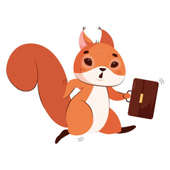 Squirrel rushing to work cartoon vector illustration. Pretty wildlife animal with bag running to work in morning, hurrying up to meeting. Rodent, lateness, job concept