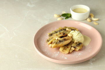 Concept of tasty food with grilled banana, space for text