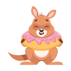 Kangaroo with inflatable circle in form of donut on his neck. Cute mammal having fun, getting ready for swimming cartoon vector illustration. Wildlife animal, marsupial concept