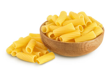 raw italian Rigatoni pasta in wooden bowl isolated on white background with clipping path and full depth of field