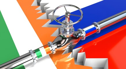 Gas pipeline, flags of Ireland and Russia - 3D illustration