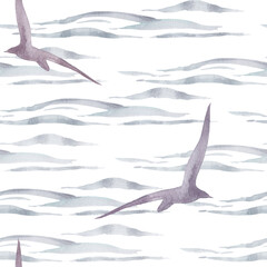 Watercolor abstract seamless pattern. Flying silhouettes of seagull birds in the sky above the waves. Nautical simple watercolor background for design prints, fabric, textile, packaging, scrapbooking