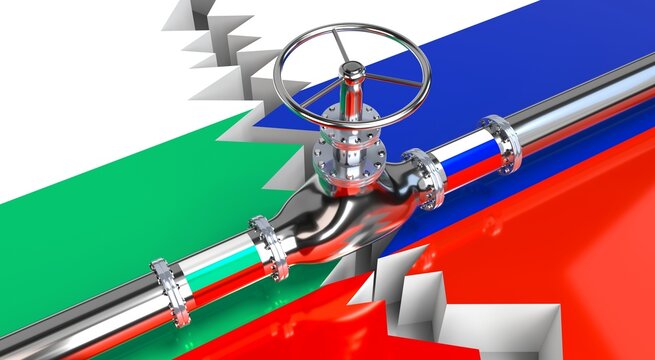 Gas pipeline, flags of Bulgaria and Russia - 3D illustration