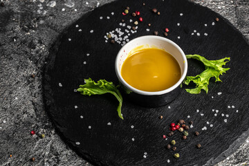 mustard and honey sauce homemade organic on a dark background, Food recipe background. Close up