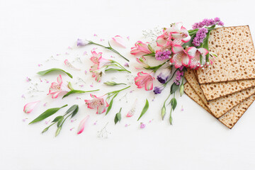 Passover background of matzoh (jewish holiday bread). Top view