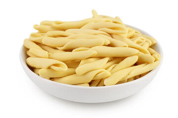 Typical Calabrian pasta called Maccheroncini or Maccheroni in ceramic bowl isolated on white background with clipping path and full depth of field.