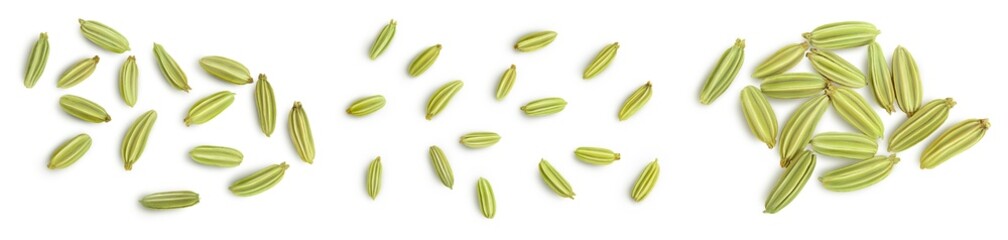 Dried fennel seeds isolated on white background with clipping path. Top view. Flat lay. Set or...