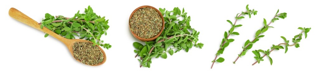 Oregano or marjoram leaves fresh and dry isolated on white background. Top view. Flat lay. Set or...