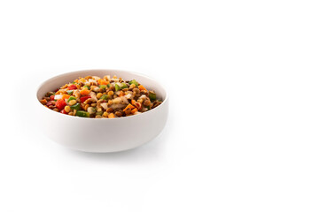 Lentil salad with peppers,onion and carrot in a bowl isolated on white background. Copy space