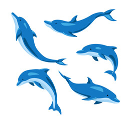 Set of lovely dolphins from different angles on white background. Vector beautiful characters dolphins in cartoon style.