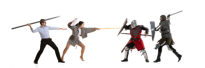 Creative collage. Battle between modern office workers and medieval knights wearing armored clothes isolated on white background. Concept of eras comparison
